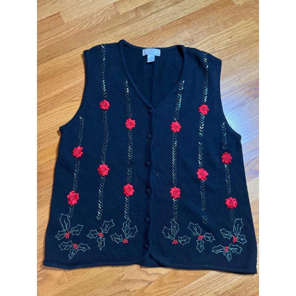Vintage 90s Lisa International Black Christmas Vest 2X Holly Poinsettia Beaded